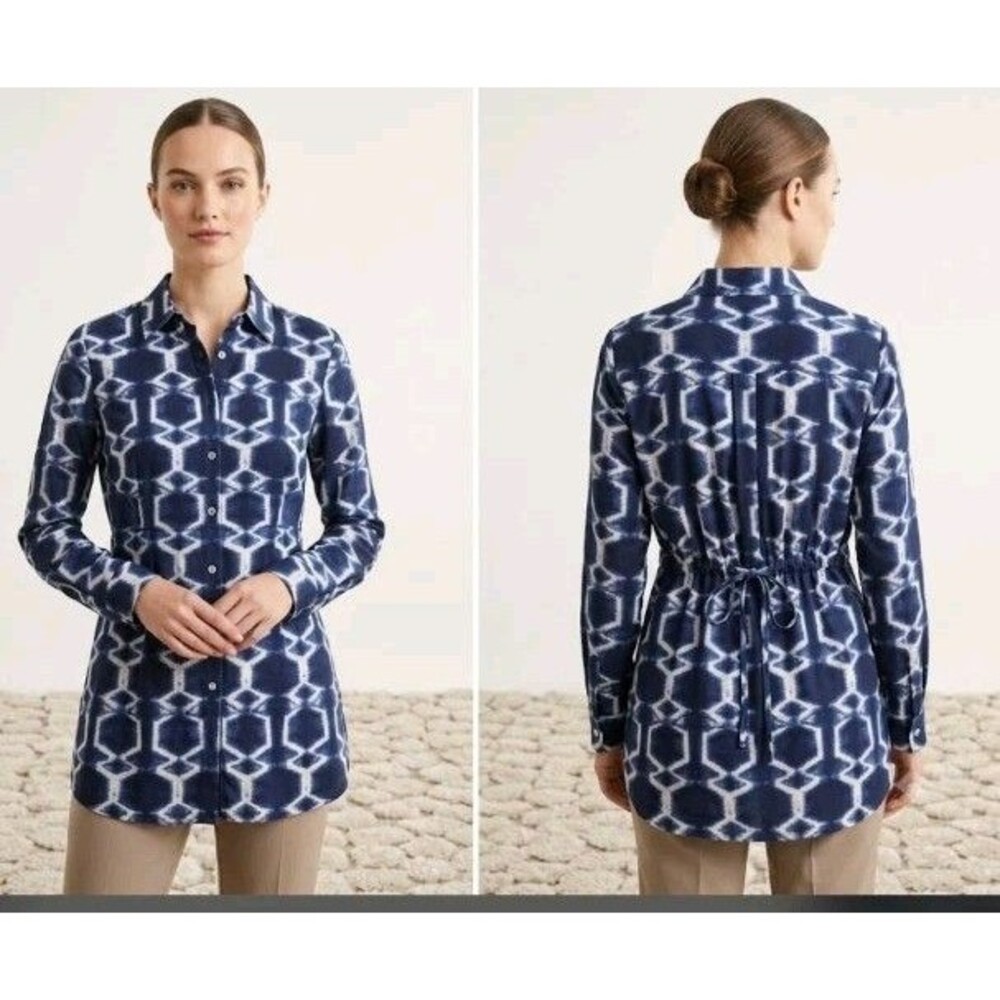 Lafayette 148 Blue/White Button Up Tie Waist Long Sleeve Tunic Top Size 8 Cotton